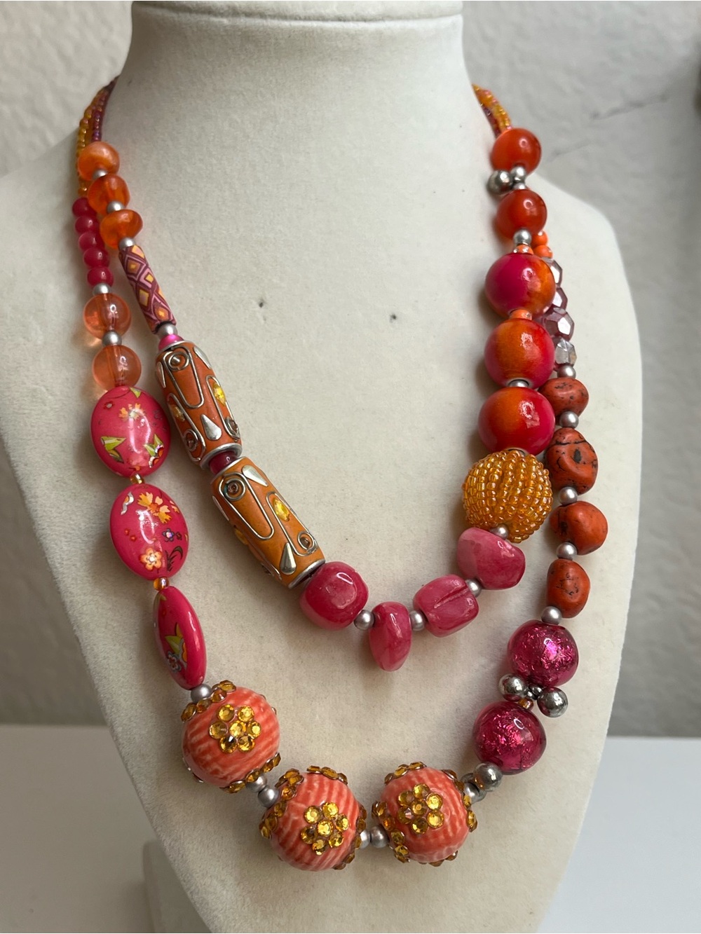 Treska pink and orange statement double strand necklace 24”